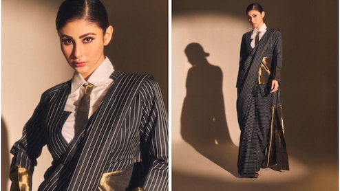 Mouni Roy Adds Modern Twist To Her Traditional Black And White Pinstriped Saree