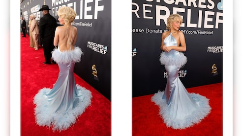 At Grammys 2025, Sabrina Carpenter Keeps It Short N Sweet In A Backless Blue Feathered Gown