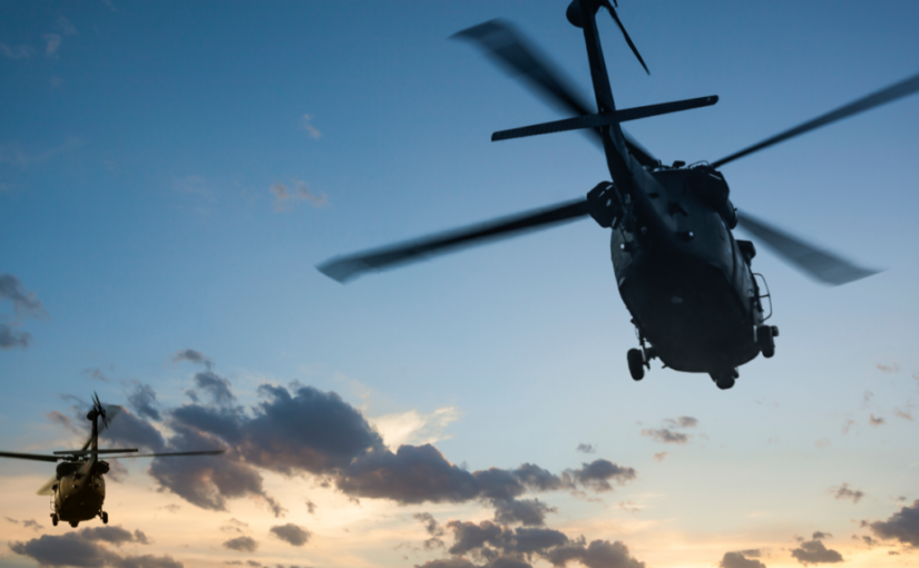 vibration testing lab military applications showing two helicopters during dusk